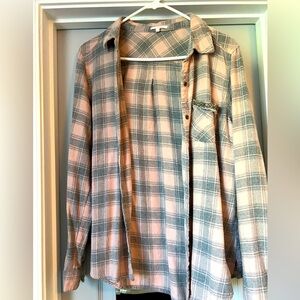 Maurice’s gray and pink plaid flannel with beaded pocket.  Size L, EUC